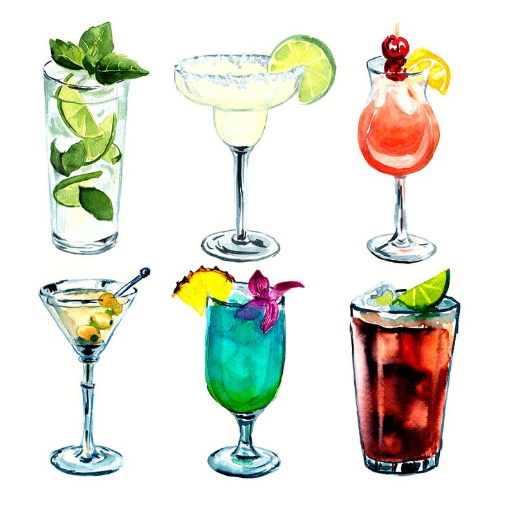 four different types of cocktails are shown in watercolor and ink on white paper