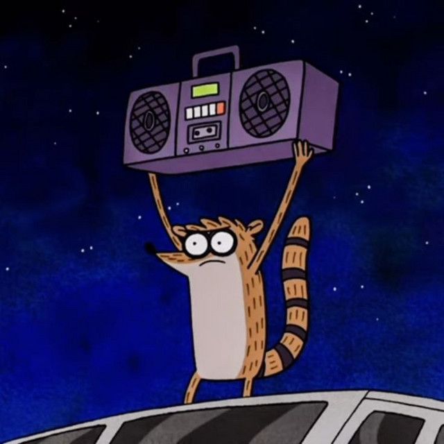 a racoon is holding up a boombox in the air