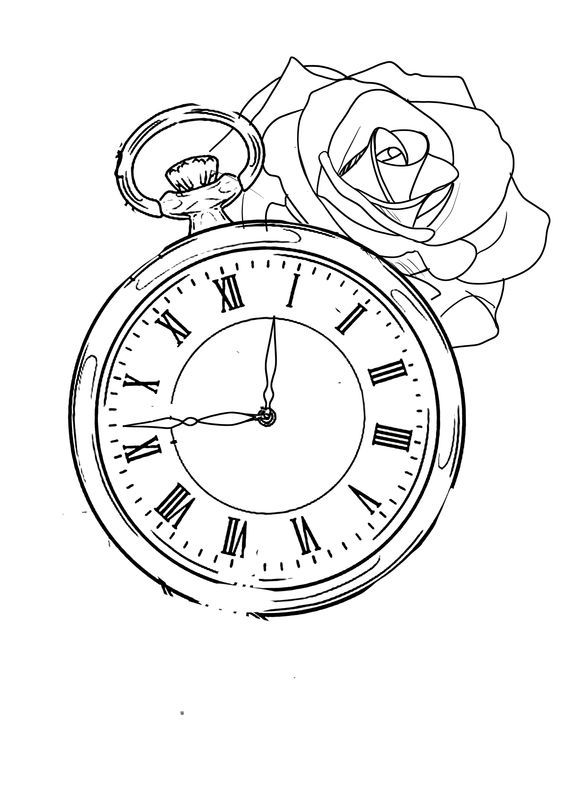 a drawing of a rose and an alarm clock