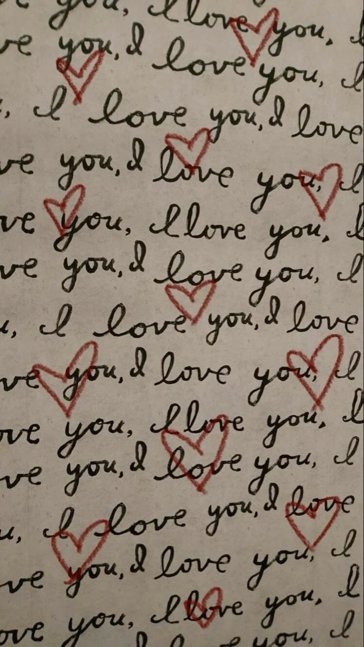 an old handwritten love letter with red hearts on it and the words i love you written in cursive writing