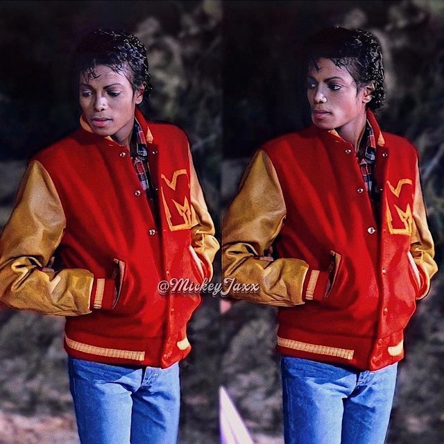 two images of a person wearing a red and yellow jacket