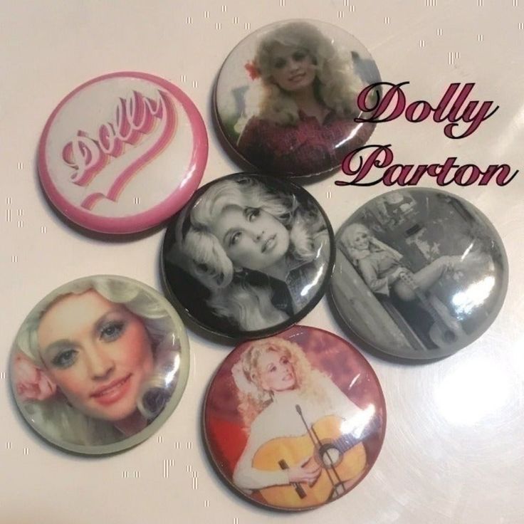 four pinback buttons with marilyn monroe images on them and the words dolly barton written in red