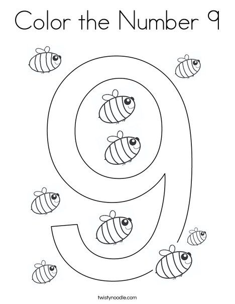 the number nine coloring page with bees