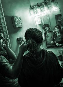 a woman taking a selfie in front of a mirror while others look at her