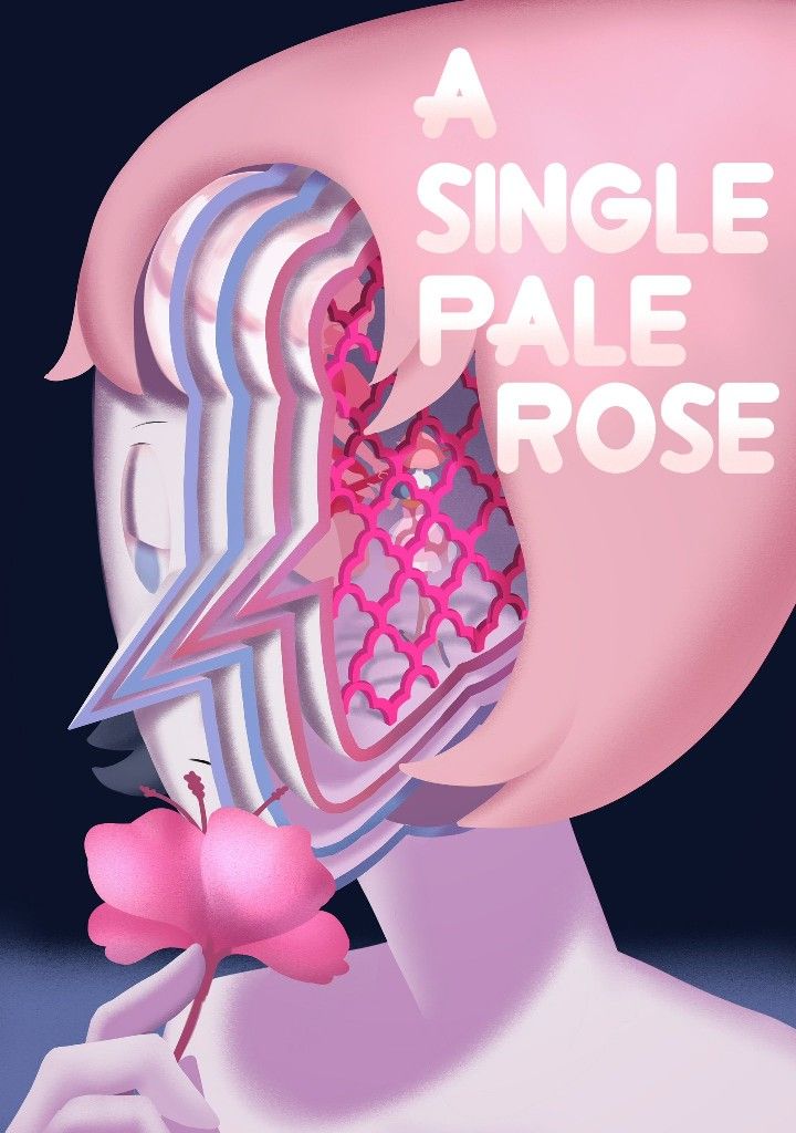 a single pale rose is in the middle of a graphic art piece, with text over it