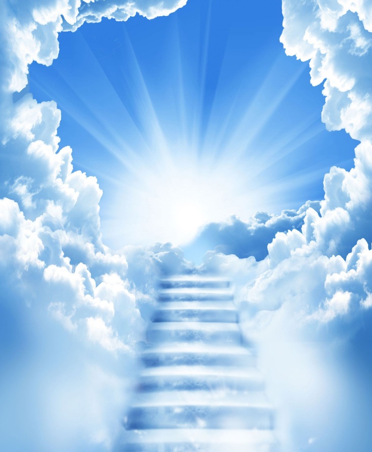 a man standing on top of a stairway in the sky with his arms wide open