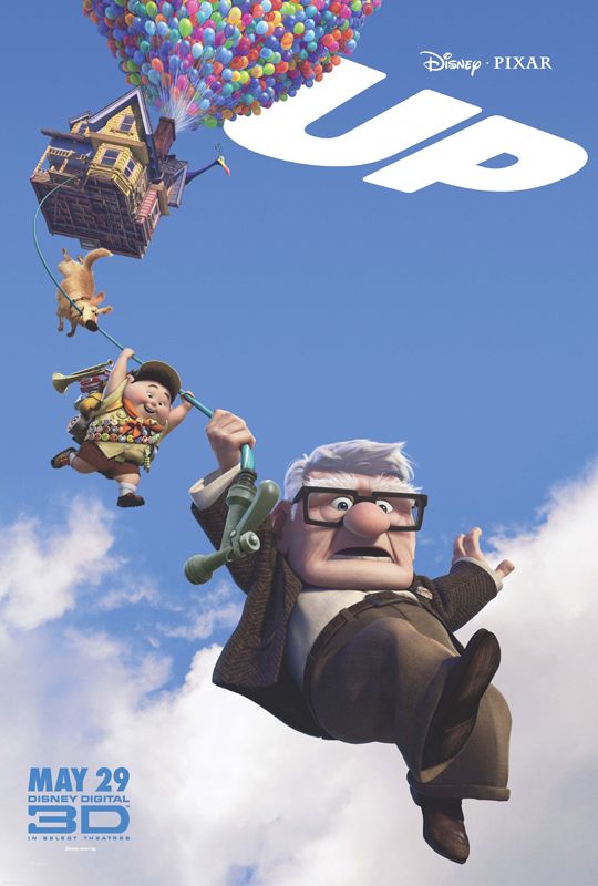 the poster for up is flying high in the sky with balloons and characters on it