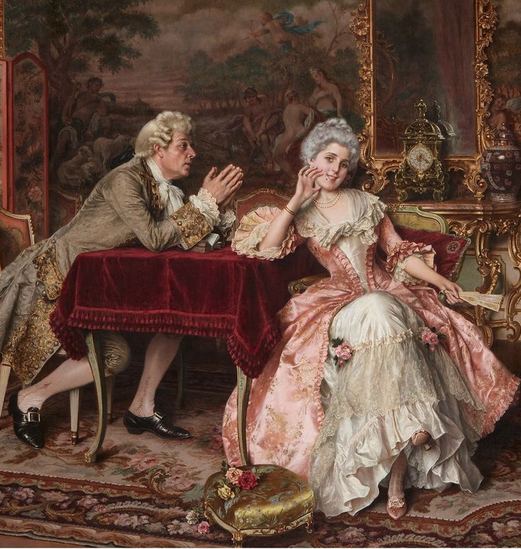 a painting of two people sitting at a table in front of an ornately decorated wall