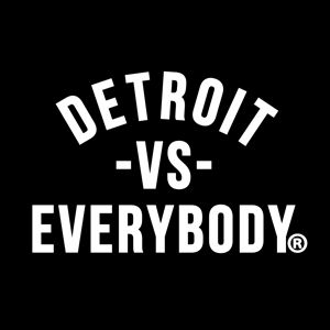 the detroit vs everybody logo is shown on a black background with white lettering and an image of