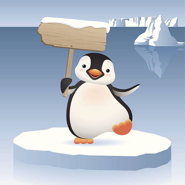 a cartoon penguin holding a sign on an ice floe