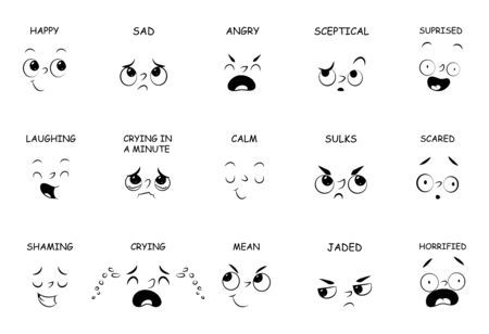 cartoon faces with different expressions and facial expressions on white background, set of twelve emoticions