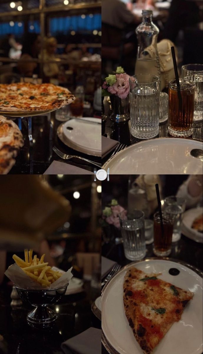 there are two pictures of pizza and fries on the table