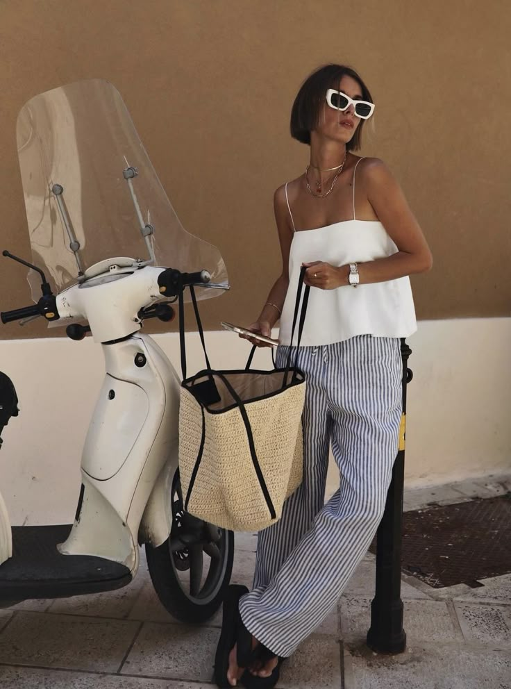 Euro Beach Outfit, White Strap Top Outfit, Lunch Summer Outfit, Italy Fashion Aesthetic, White Spaghetti Strap Top, Statement Sunglasses, Summer Outfits 2024, White Spaghetti, White Spaghetti Strap