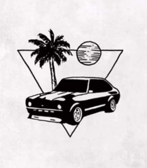 a black and white drawing of a car in front of a palm tree