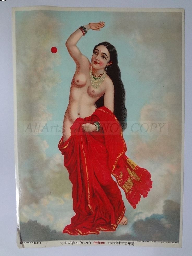 a painting of a woman in red sari with her arm raised and an apple hanging from the ceiling