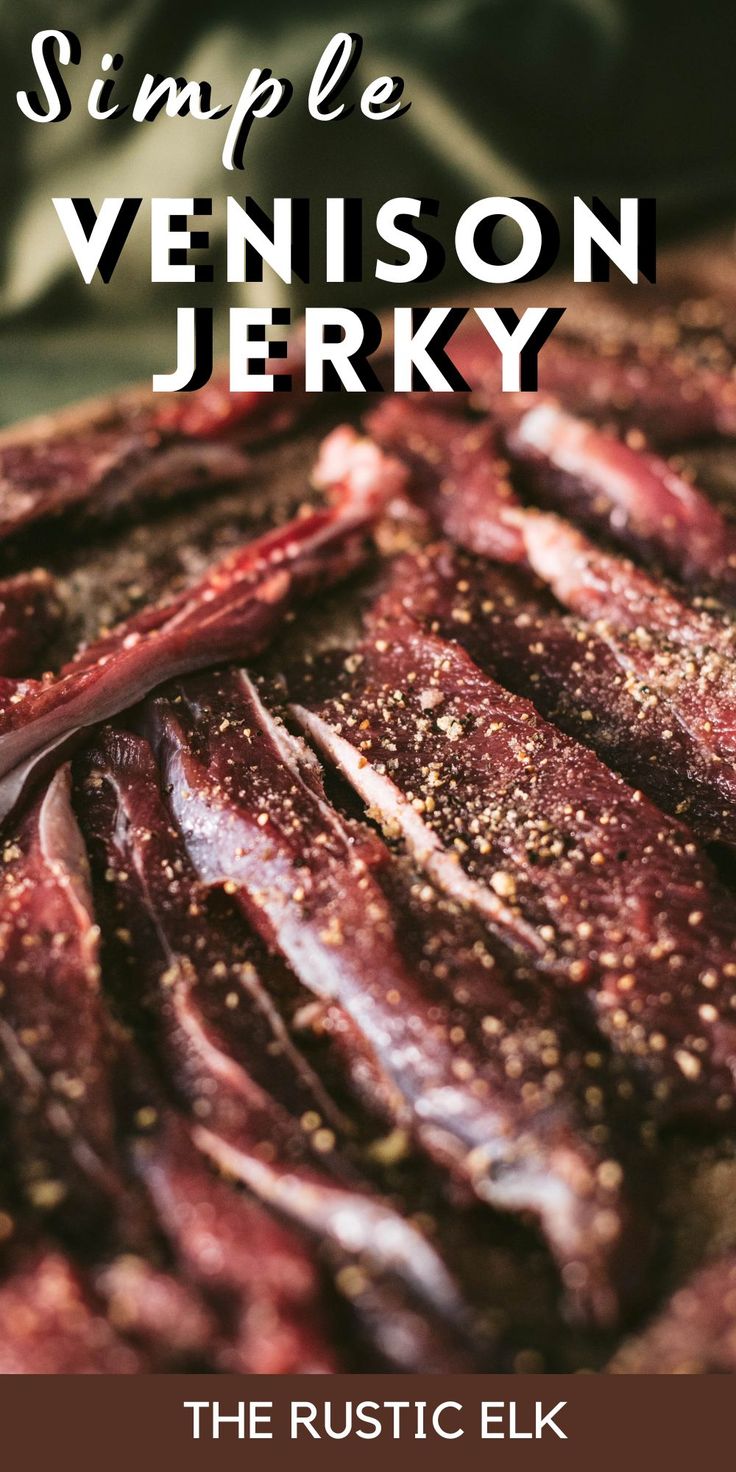 Easy venison jerky recipe full of meaty flavor perfect for snacking on long road trips or as sustenance while backpacking and hiking long distance. Jerky Marinade Recipes, Jerky Recipes Dehydrator, Deer Jerky Recipe, Venison Jerky Recipe, Jerkey Recipes, Deer Jerky, Venison Backstrap Recipes, Smoked Jerky, Jerky Marinade