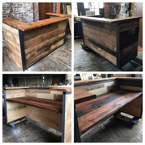 four different views of a bar made out of wood