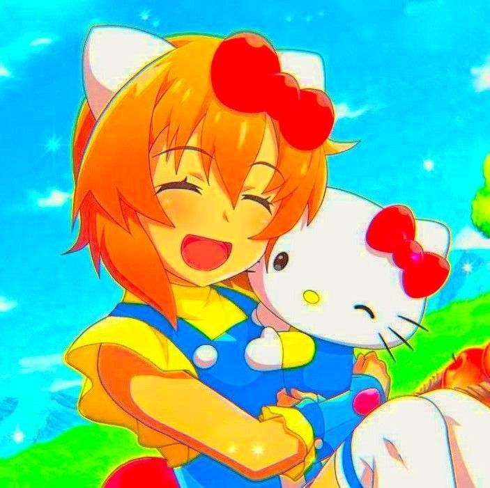 an anime character hugging a hello kitty in front of a blue sky with clouds and grass