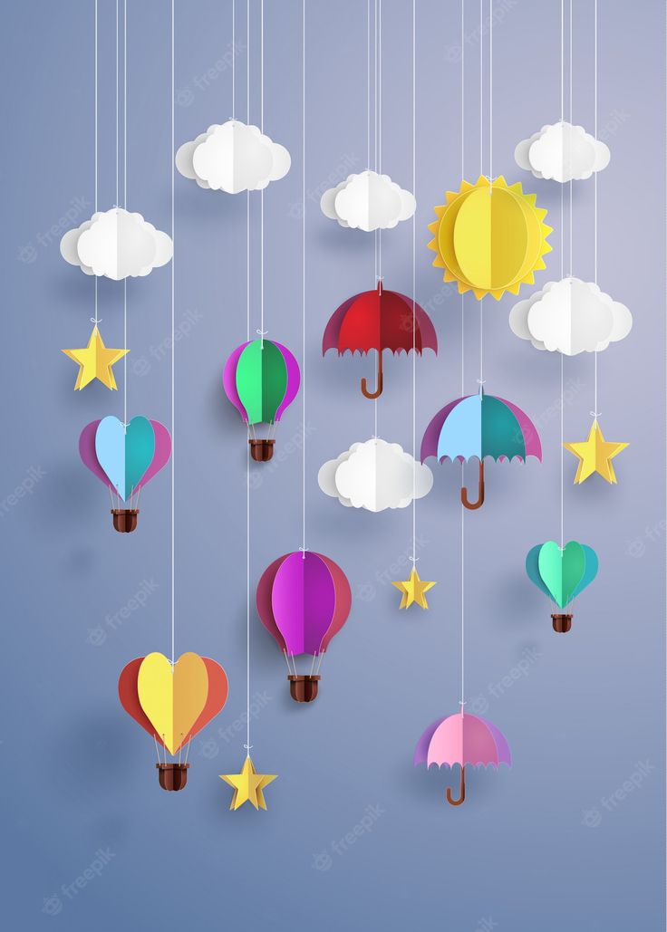 colorful hot air balloons with stars and clouds hanging from strings on the blue sky background