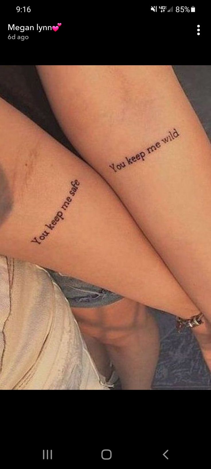 two people with matching tattoos on their legs that say you keep me wild and you keep them safe