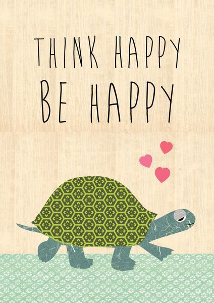 a turtle with hearts floating out of it's back and the words think happy be happy