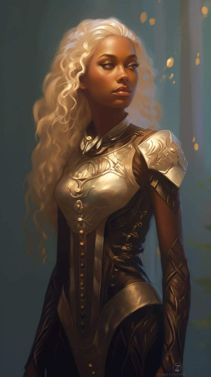 a painting of a woman with long blonde hair wearing armor and holding her hand on her hip