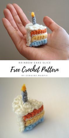 a hand holding a piece of crochet cake with a candle on top and the other side