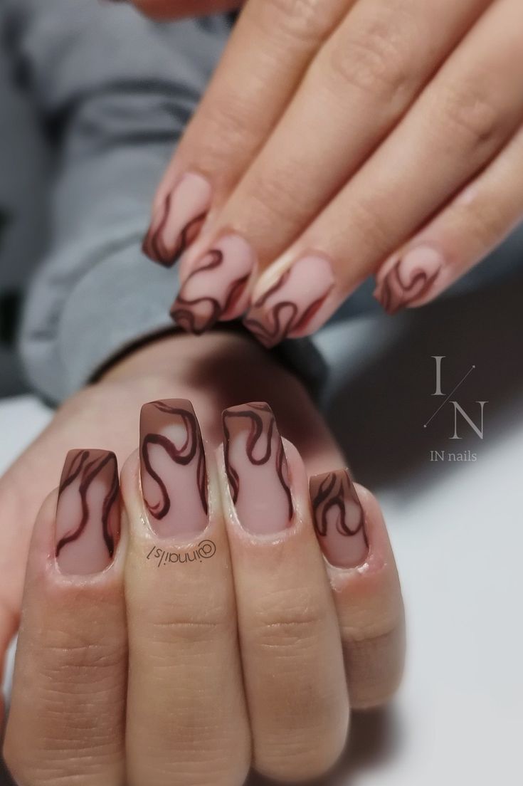 Autumn nails, brown nails, autumn 2023, nails, unhas, french tip, french nails, brown french with lines, coffin Brown French With Design, Autumn French Tip Nails Coffin, Autumn French Tip Nails Short Square, Nails Braun, Coffin Nails Autumn, French Nails Brown, Autumn Nails Brown, Autumn Nails Aesthetic, Nails Brown French