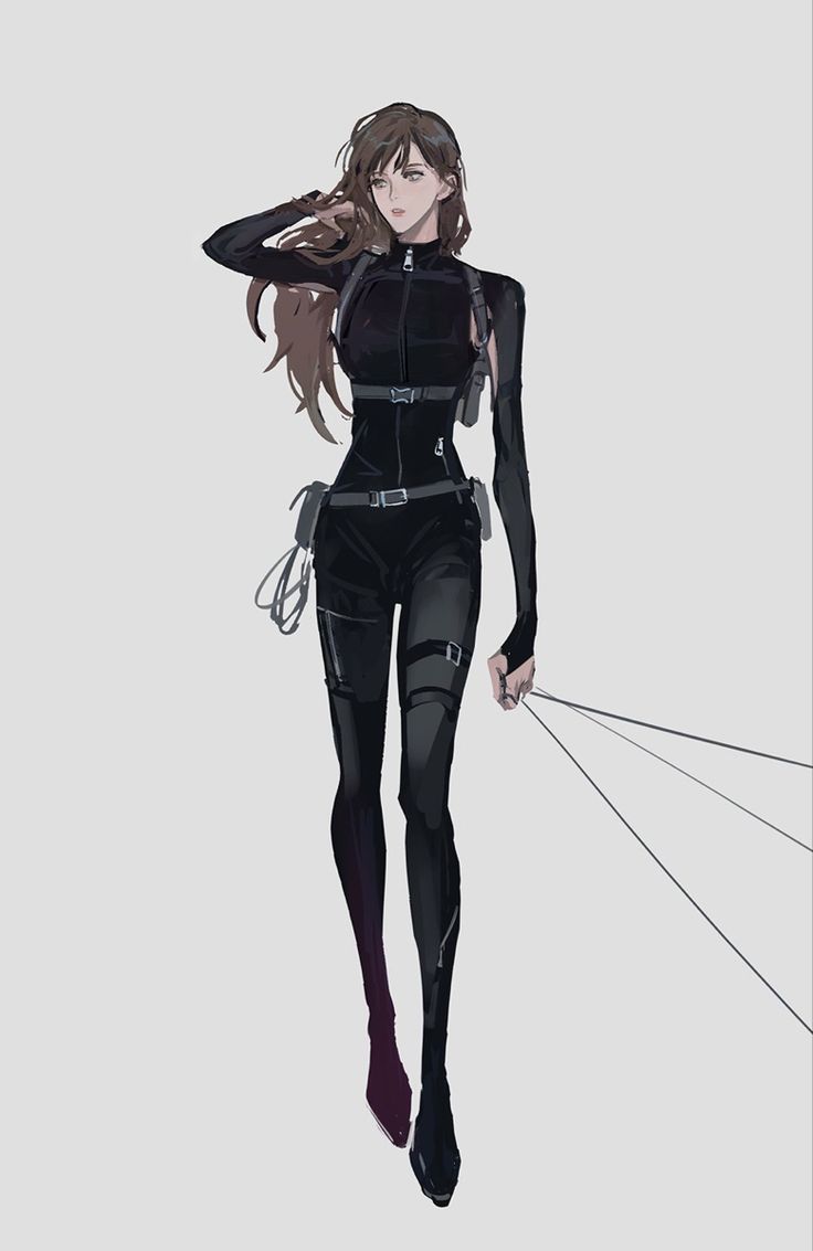 an anime character with long hair and black clothes, holding a string in her hand