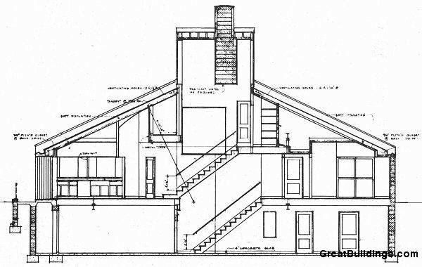 an architectural drawing of a house with stairs and balconies on the second floor