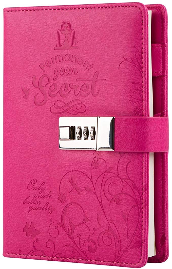 a pink notebook with three padlocks attached to it