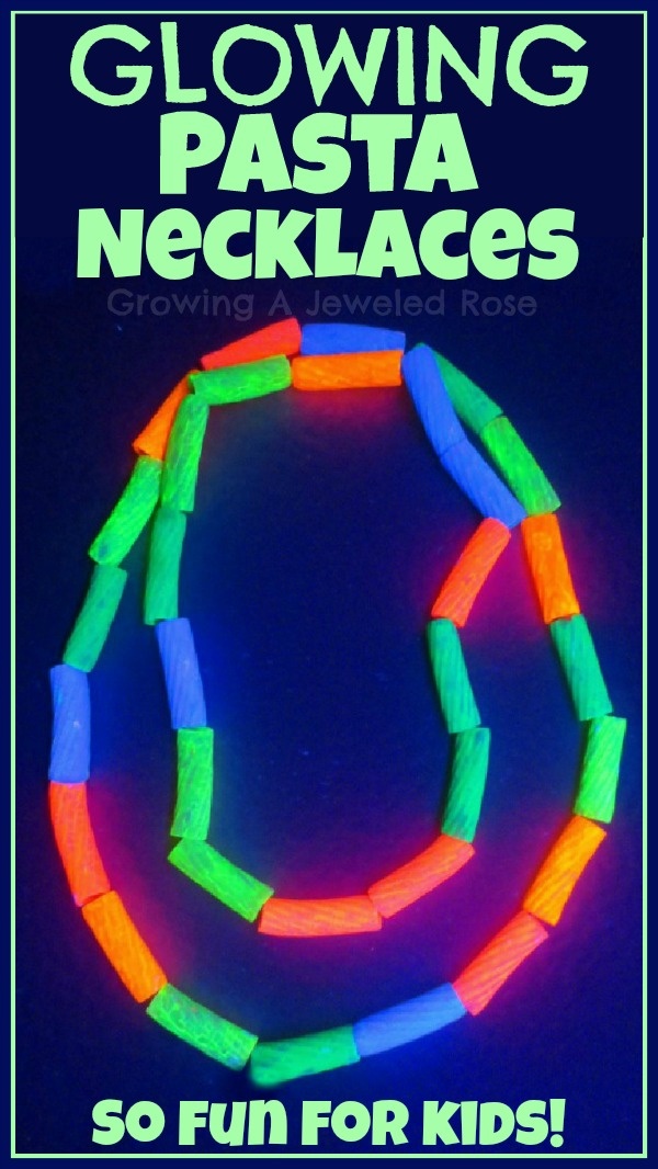 glow in the dark bracelets with neon colors and text reading glowing pasta necklaces so fun for kids