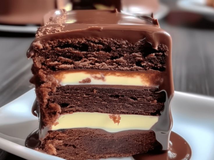 a piece of chocolate cake on a white plate