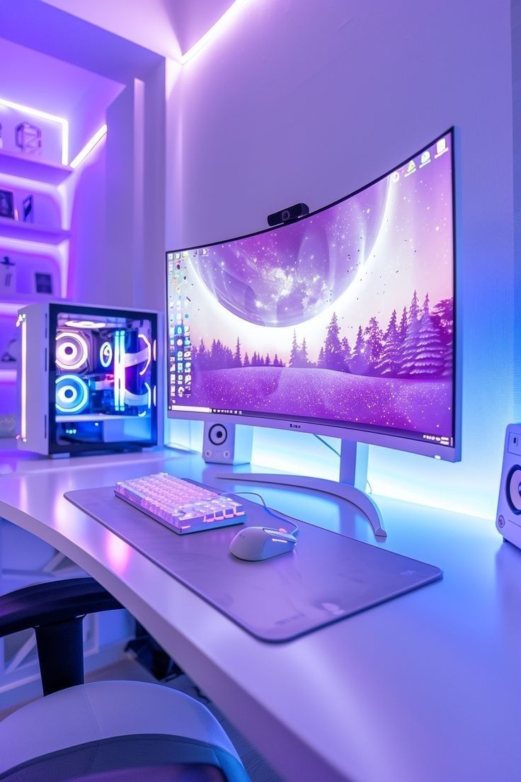 a desk with a computer monitor, keyboard and mouse on it in front of a purple light