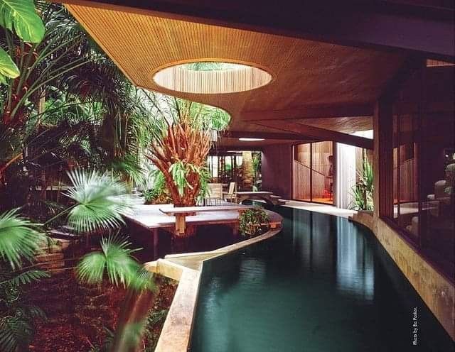 an indoor swimming pool surrounded by greenery and trees in the middle of a house