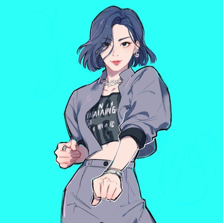 a drawing of a girl with blue hair and black shirt, pointing her finger at the camera