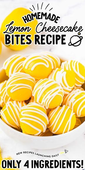 a bowl filled with yellow and white striped cookies next to lemons on a table