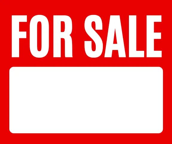 a red for sale sign with the words for sale on it in white letters over a red background