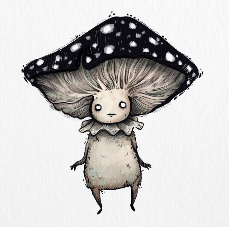 a drawing of a mushroom with a black hat on it's head and eyes