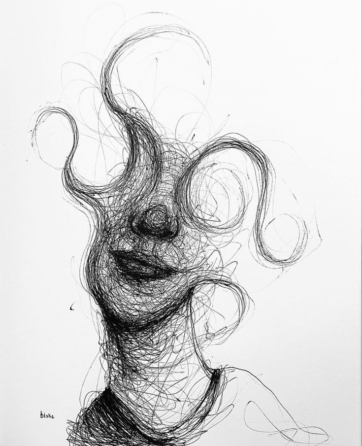 a black and white drawing of a woman's face with hair blowing in the wind