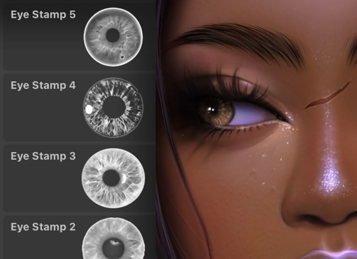 an animated woman's face with different types of eyes