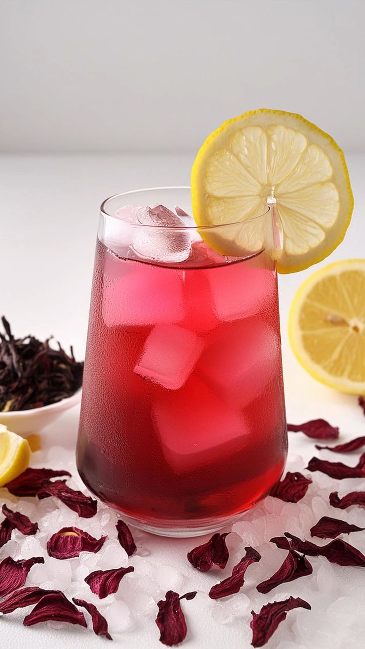 a glass filled with red liquid next to sliced lemons and flowers on a white surface