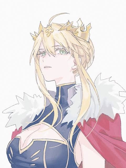 an anime character with long blonde hair wearing a blue dress and red cape, standing in front of a white background