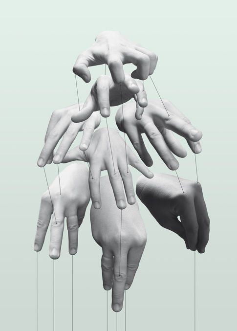 several hands are hanging from strings in the shape of an x - ray with one hand reaching for another