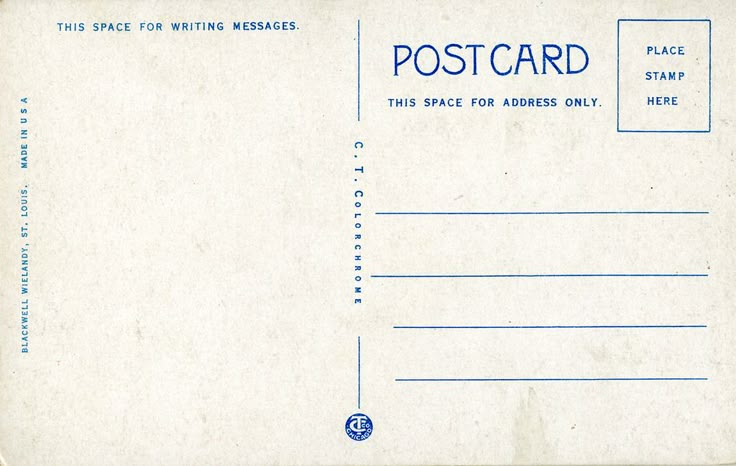 an old postcard with blue writing on the front and back side, which is blank