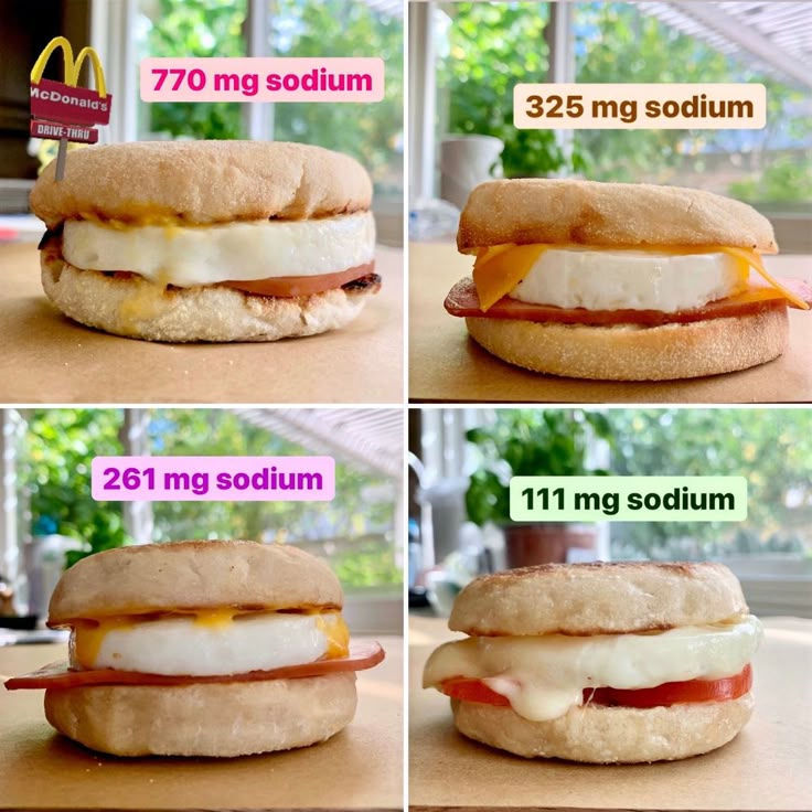 four different views of a breakfast sandwich with eggs, bacon, and cheese on it