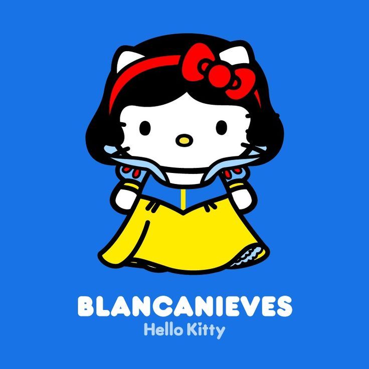 the hello kitty character is wearing a yellow dress and red bow, with text that reads blanccanieves hello kitty