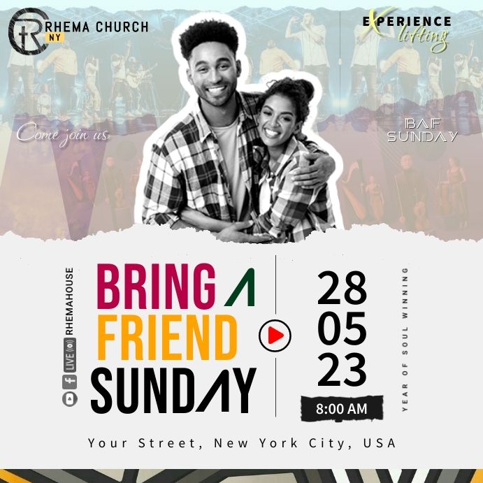 an event poster with the words bring friend sunday and two people smiling for the camera