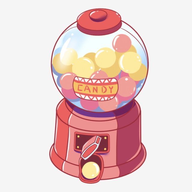 a pink gummy machine filled with lots of candies on top of it's head