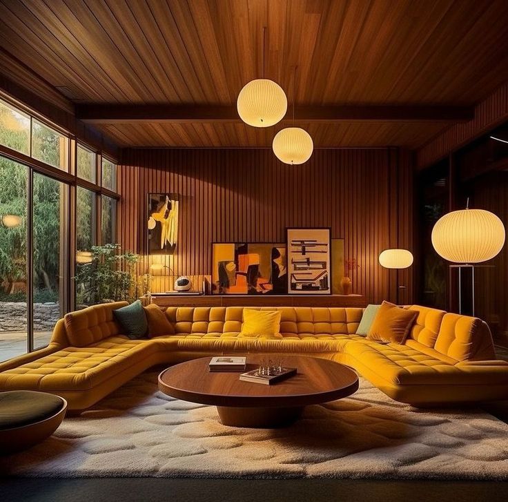 a living room filled with yellow couches and round tables in front of large windows